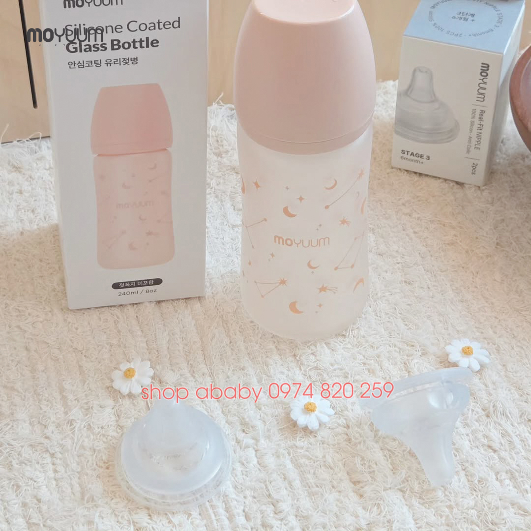 Bình sữa Moyuum thủy tinh tráng silicon (họa tiết)
