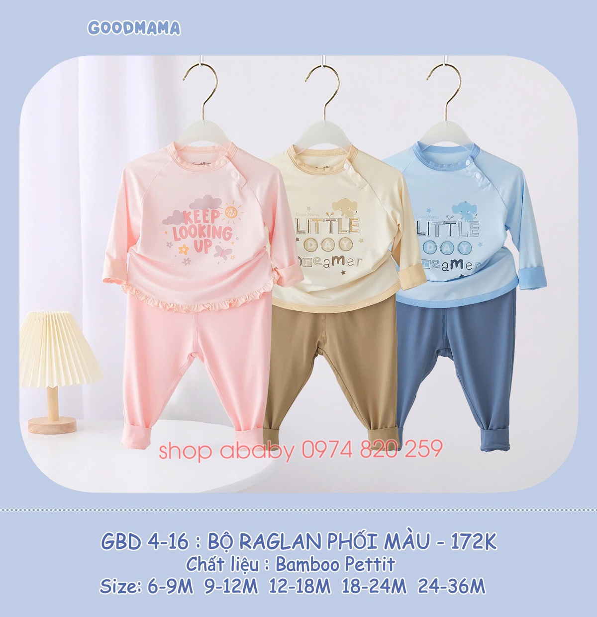 Bộ dài tay raglan phối màu Goodmama GBD 4-16