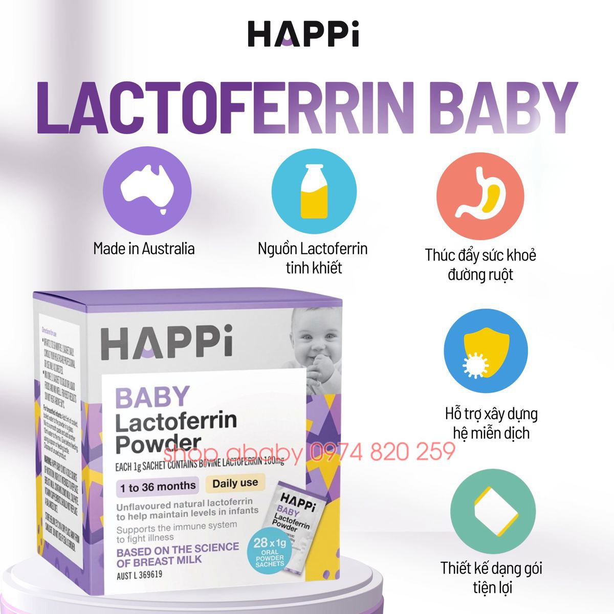 Bột tăng đề kháng Lactoferrin baby Happi 28g (1-36m)