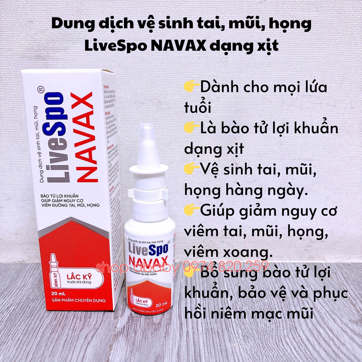 Dung dịch vệ sinh tai, mũi, họng LiveSpo NAVAX dạng xịt (0m+)