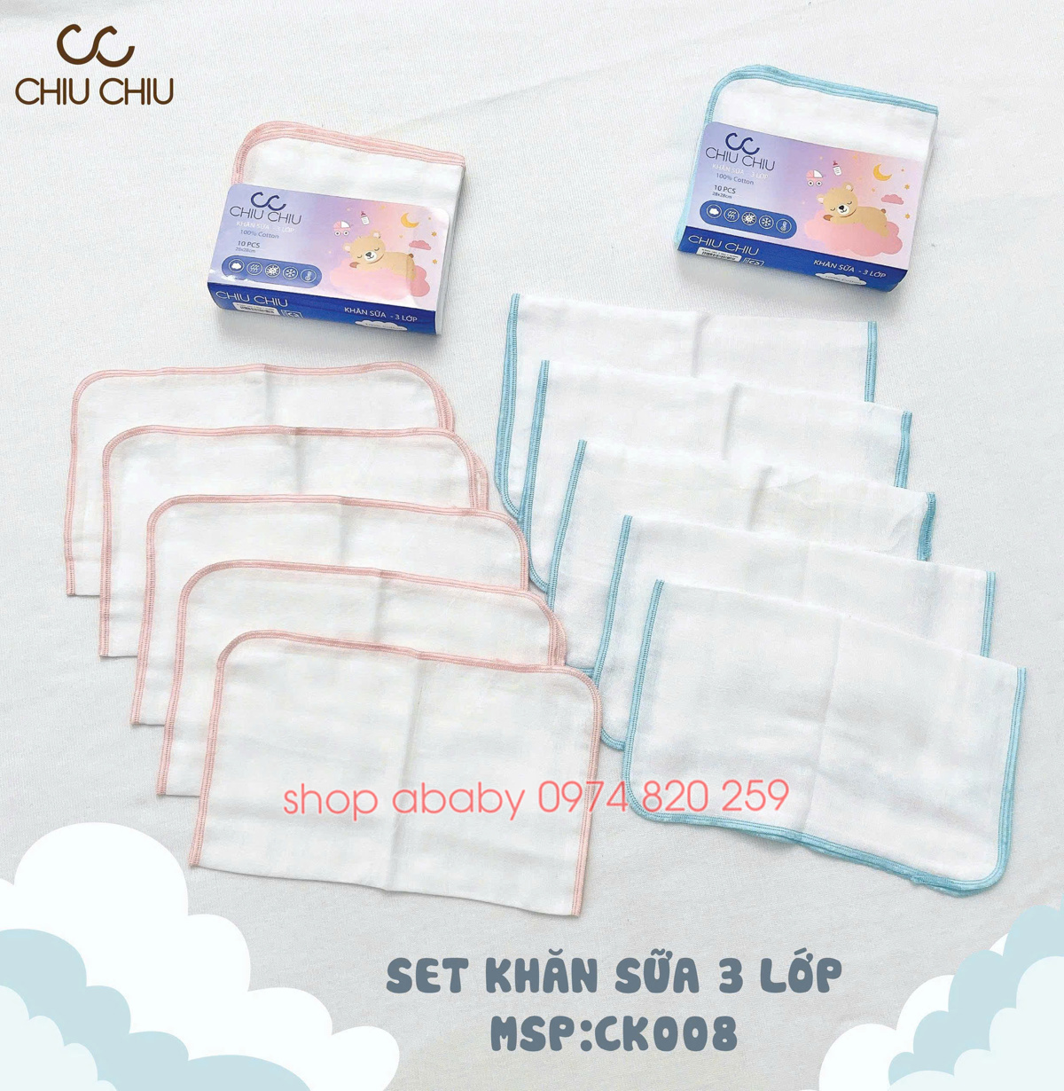Gói 10 khăn sữa 3 lớp Chiu chiu