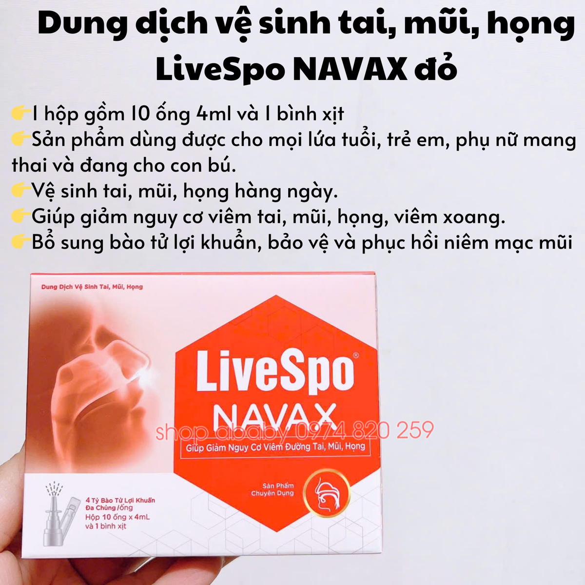 Hộp 10 ống dung dịch vệ sinh tai, mũi, họng LiveSpo NAVAX đỏ 4ml (0m+)