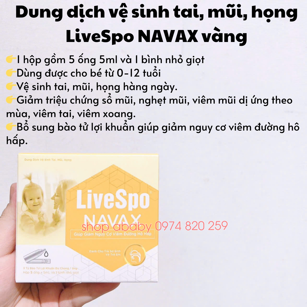 Hộp 5 ống dung dịch vệ sinh tai, mũi, họng LiveSpo NAVAX vàng 5ml (0-12y)