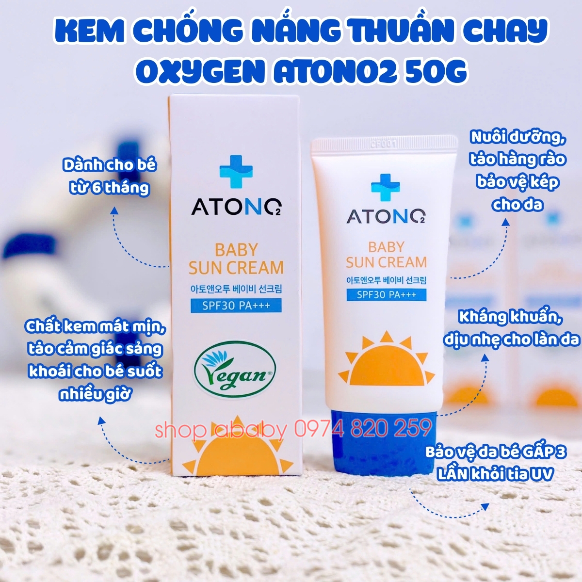 Kem chống nắng thuần chay Oxygen Atono2 6M+ 50g (SPF 30 PA+++)