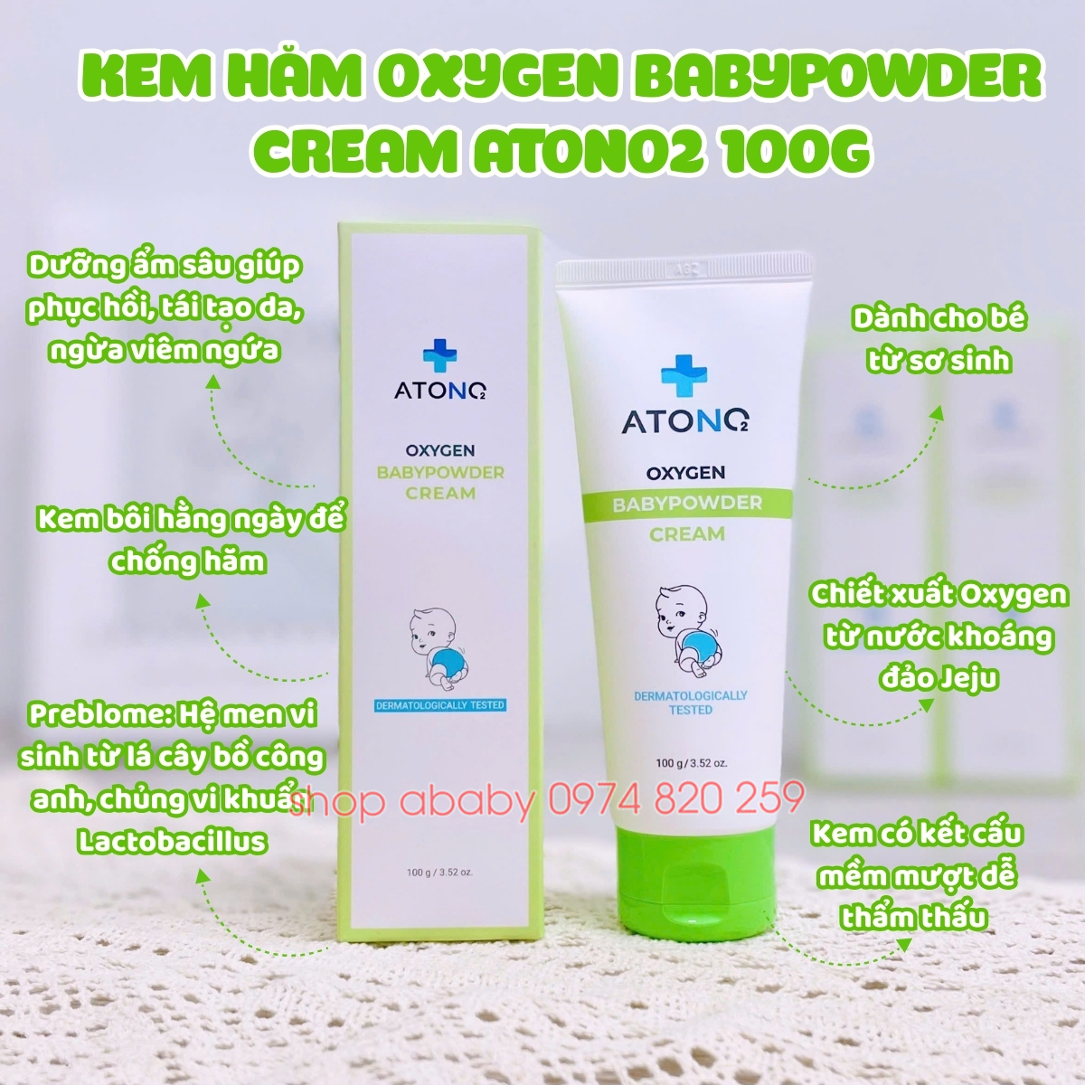 Kem hăm Oxygen Babypowder Cream Atono2 100g (0m+)