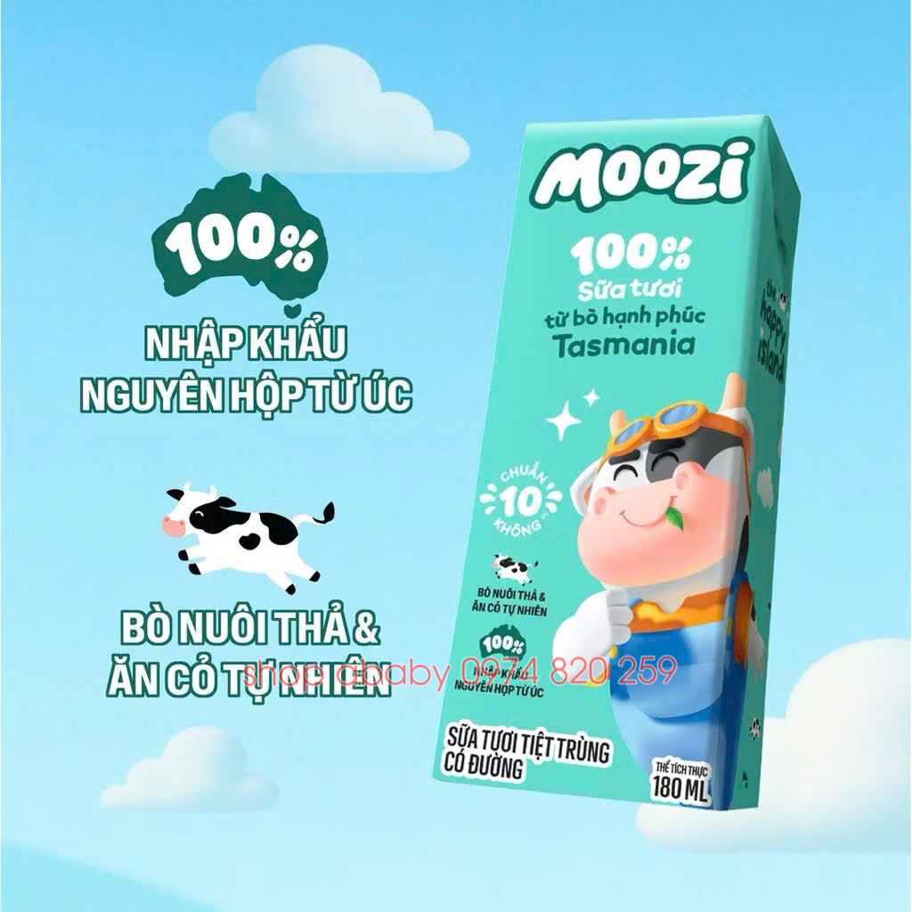 Lốc 3 hộp sữa tươi tiệt trùng có đường Moozi 180ml (1y+) (thùng 8 lốc 24 hộp)
