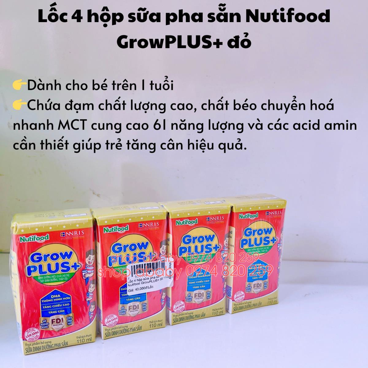 Lốc 4 hộp sữa pha sẵn Nutifood GrowPLUS+ đỏ 110ml (>1y)