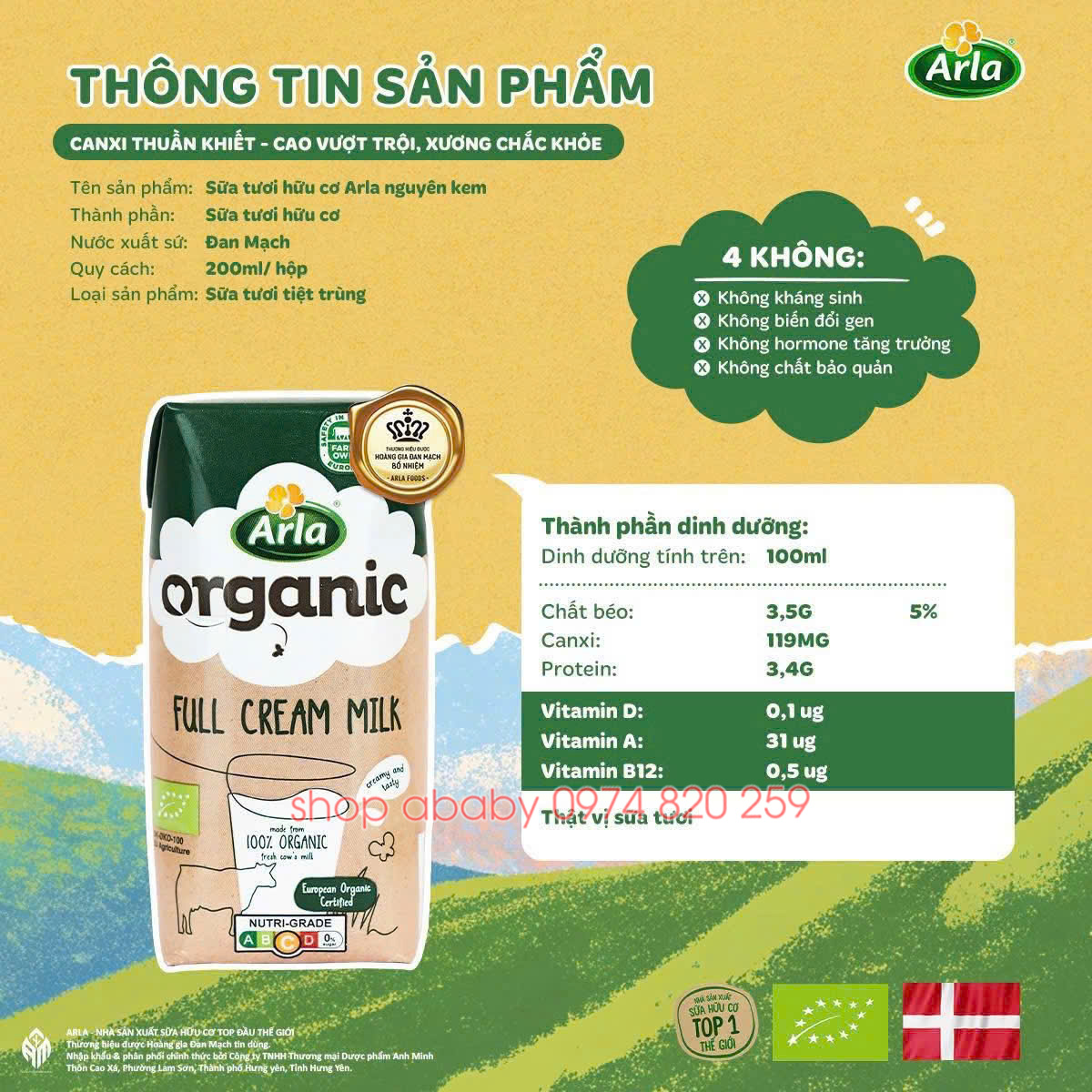 Lốc 6 hộp sữa tươi hữu cơ Arla nguyên kem 200ml (1y+) (thùng 12 hộp)