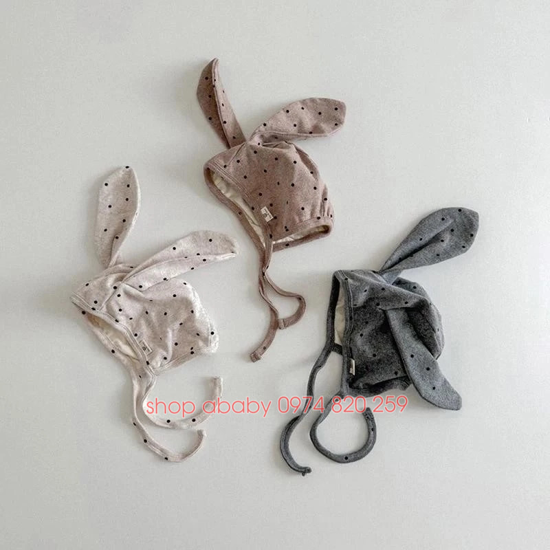 Mũ nỉ tai thỏ chấm bi buộc dây 32047