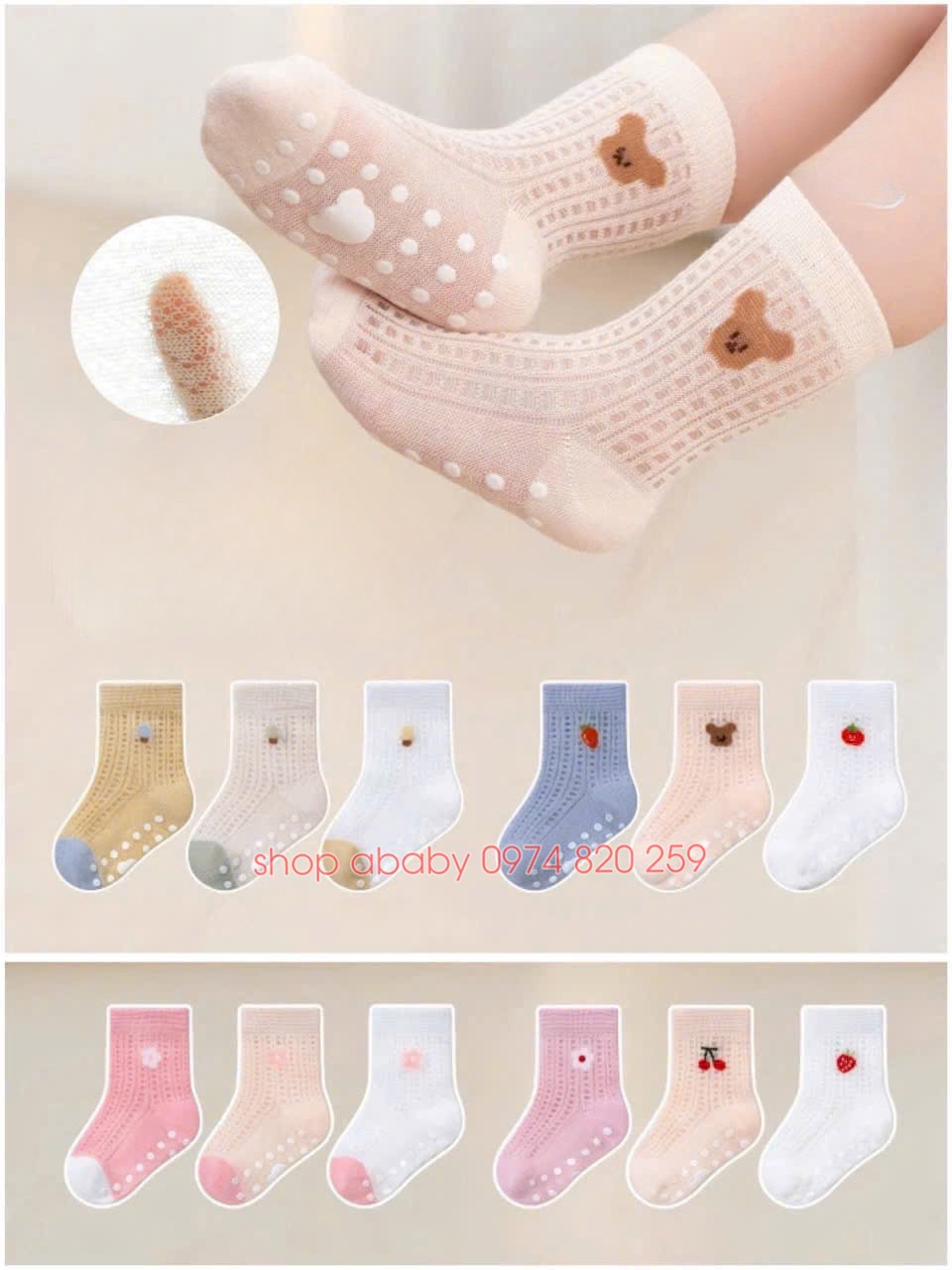 Set 3 tất lưới cao cổ chống trượt Hello baby
