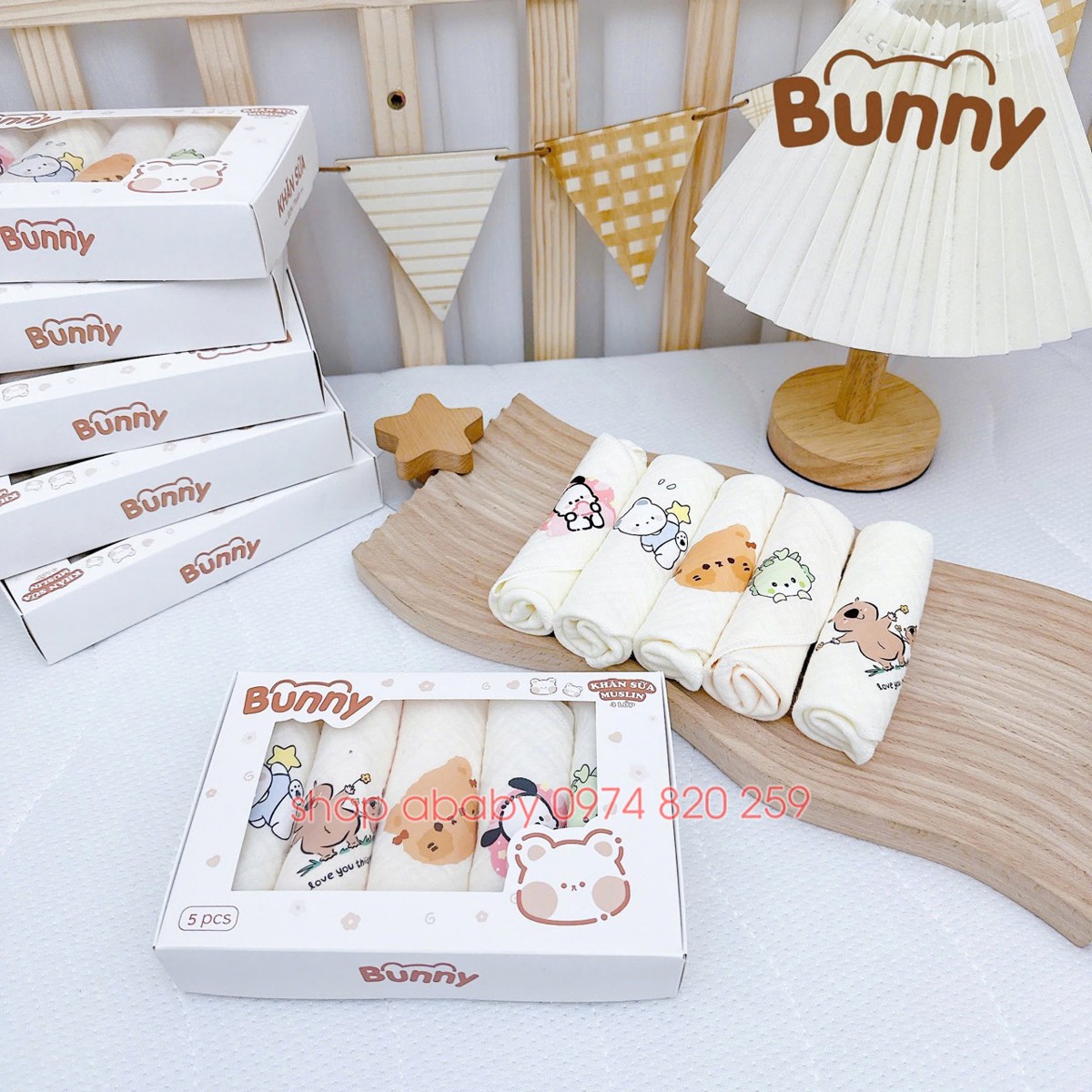 Set 5 khăn sữa 4 lớp Muslin Bunny