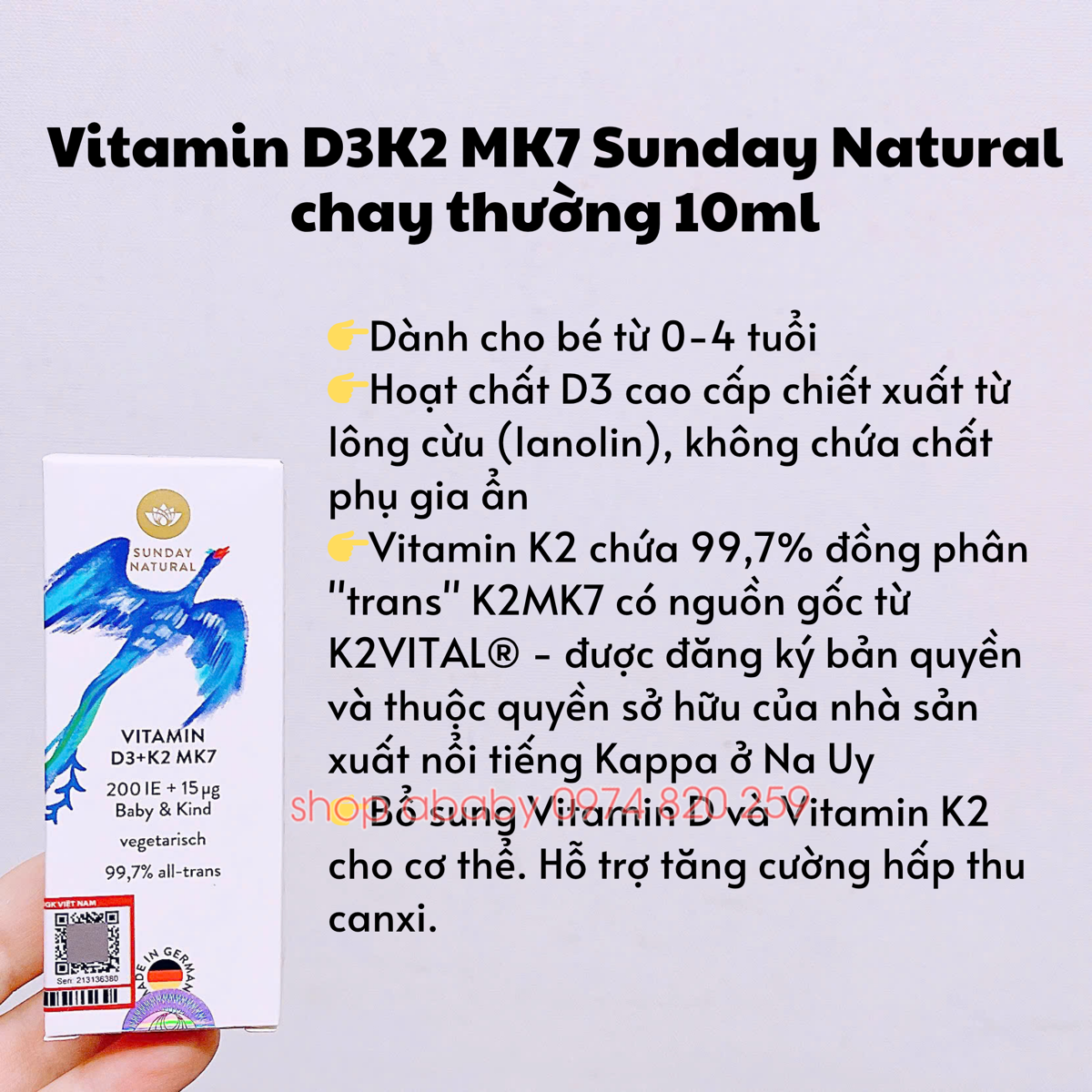 Vitamin D3K2 MK7 Sunday Natural chay thường 10ml (0-4y)