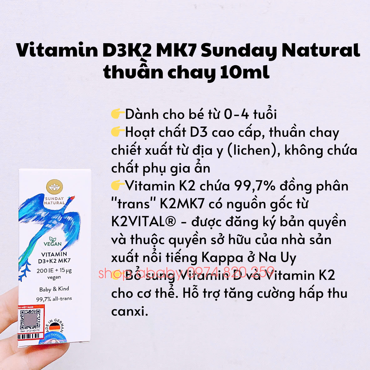 Vitamin D3K2 MK7 Sunday Natural thuần chay 10ml (0-4y)