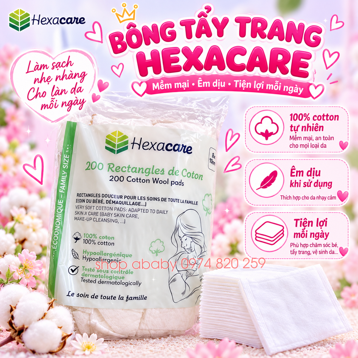 Bông tẩy trang đa năng Hexacare 200 miếng (8x10cm)