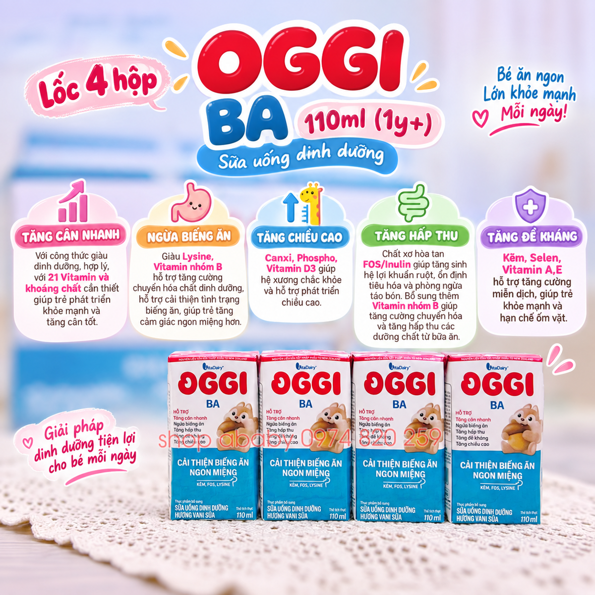 Lốc 4 hộp sữa uống dinh dưỡng Oggi BA 110ml (1y+)