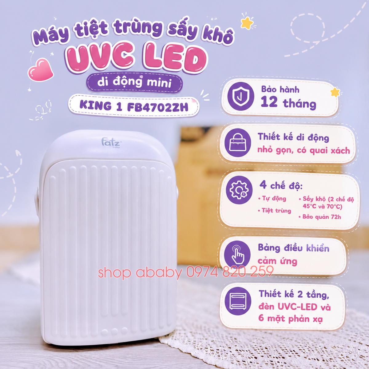 Máy tiệt trùng sấy khô UVC LED di động mini KING 1 FB4702ZH
