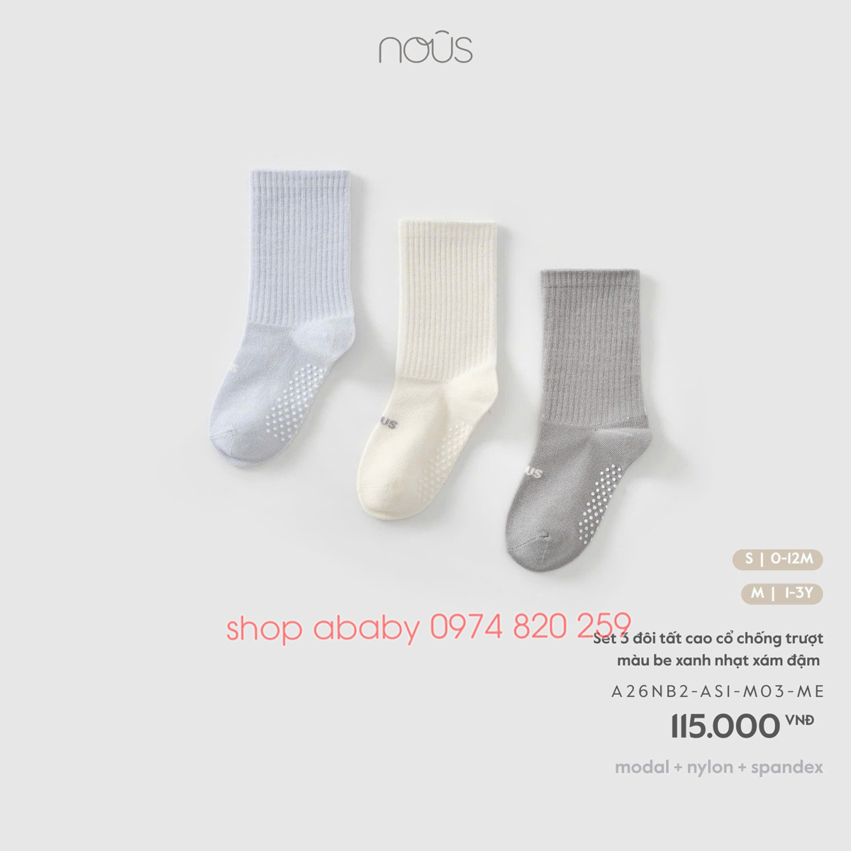Set 3 đôi tất cao cổ chống trượt Nous
