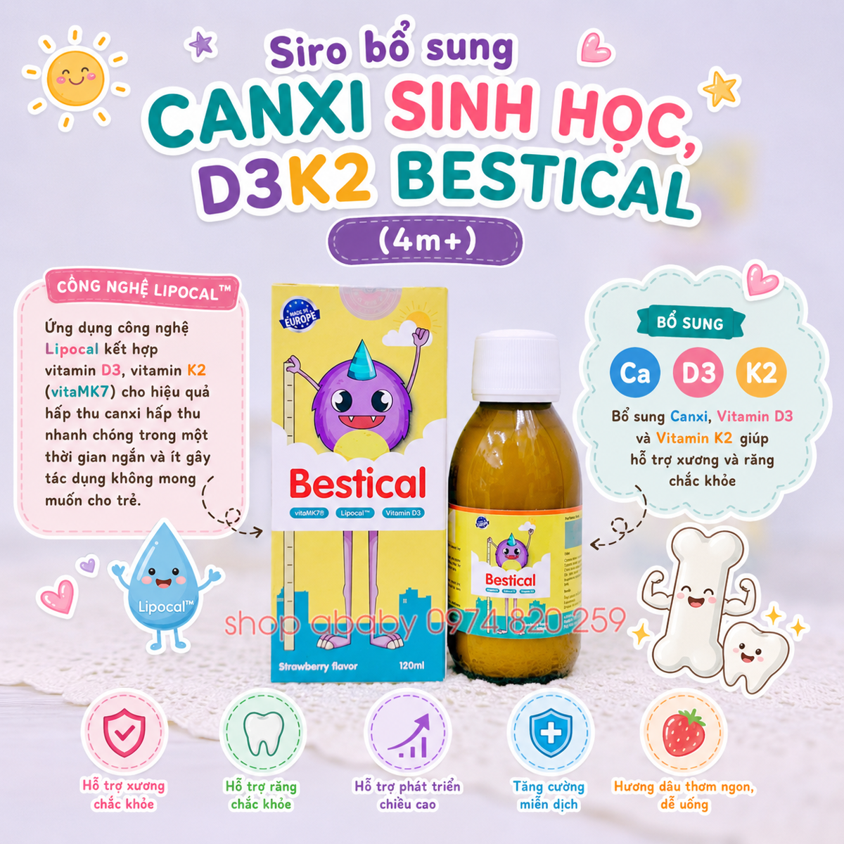 Siro bổ sung canxi sinh học, D3K2 Bestical (4m+)