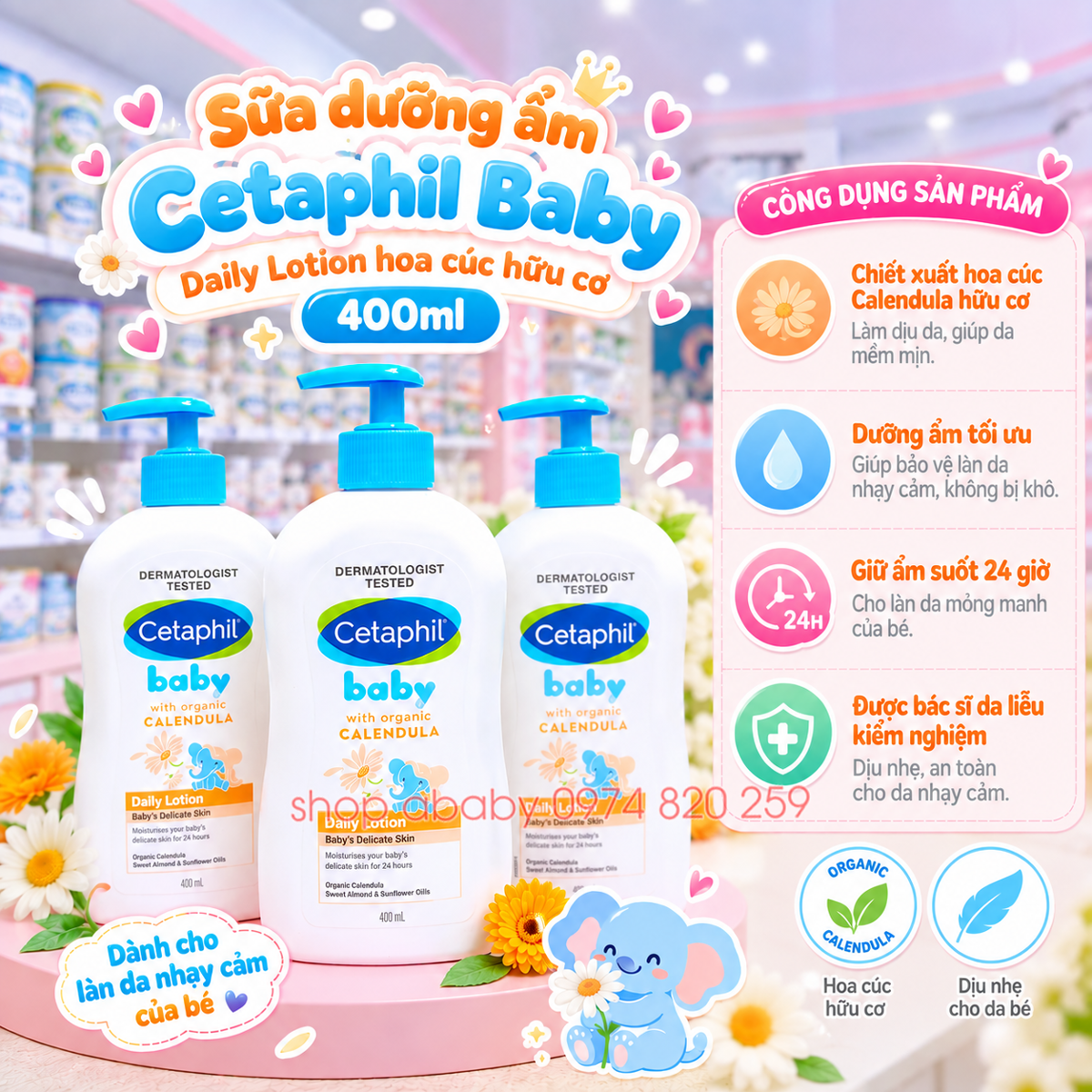 Sữa dưỡng ẩm Cetaphil Baby Daily Lotion hoa cúc hữu cơ 400ml
