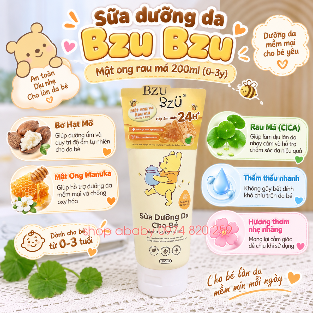 Sữa dưỡng da Bzu Bzu mật ong rau má 200ml (0-3y)