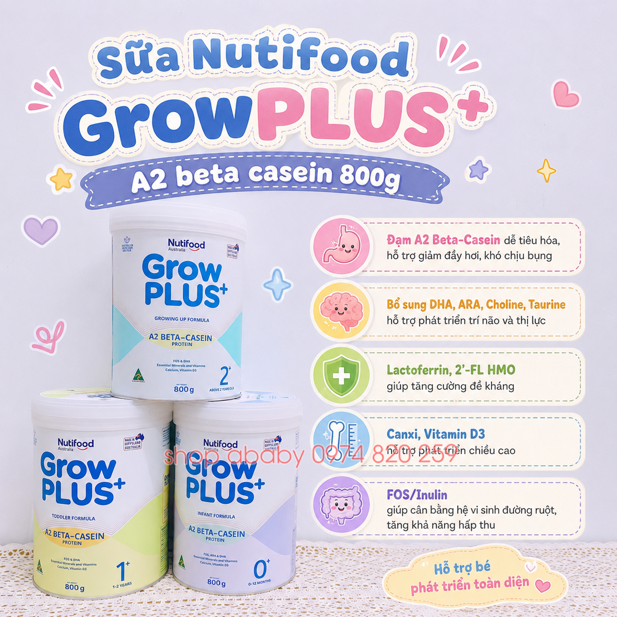 Sữa Nutifood GrowPLUS+ A2 beta casein 800g