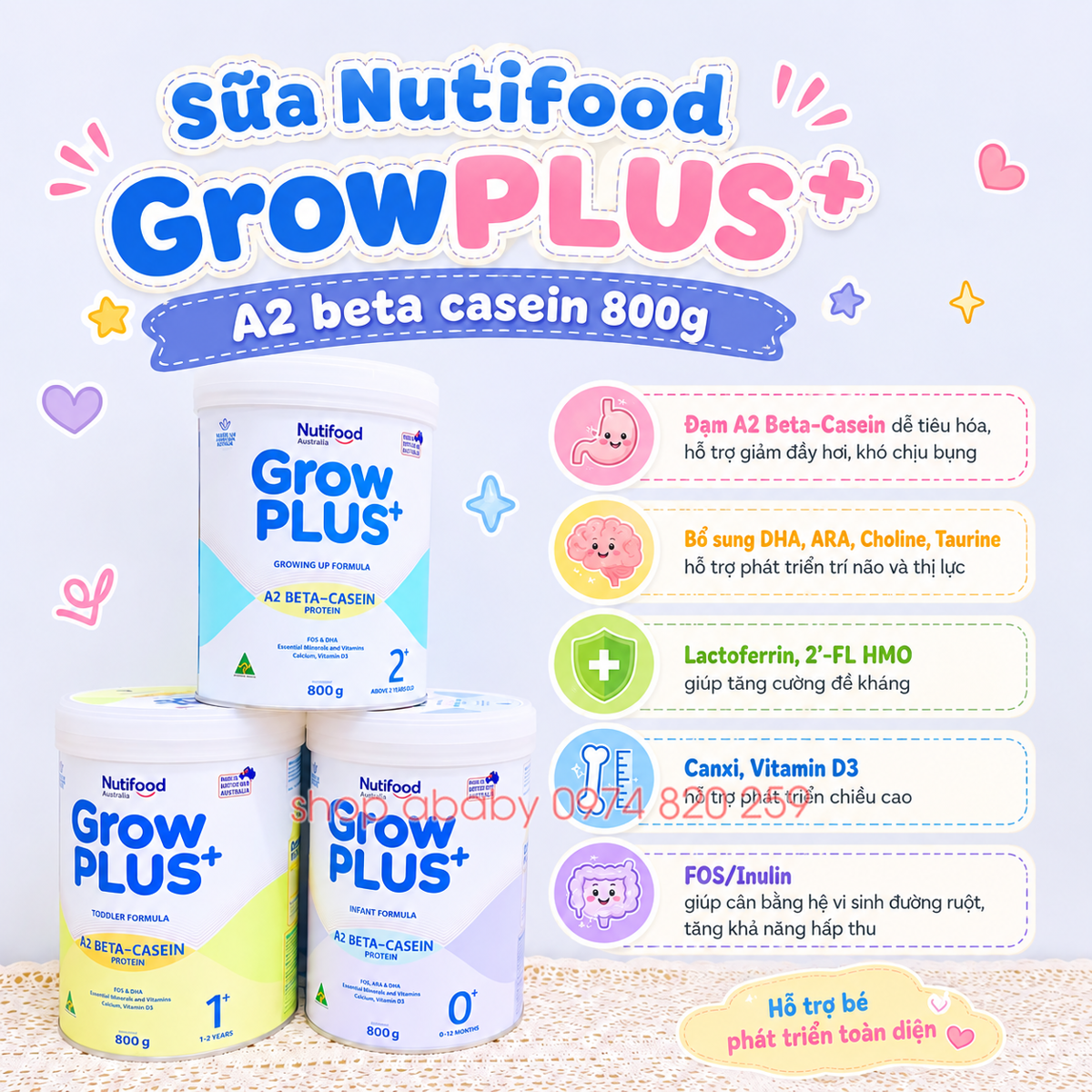 Sữa Nutifood GrowPLUS+ A2 beta casein 800g