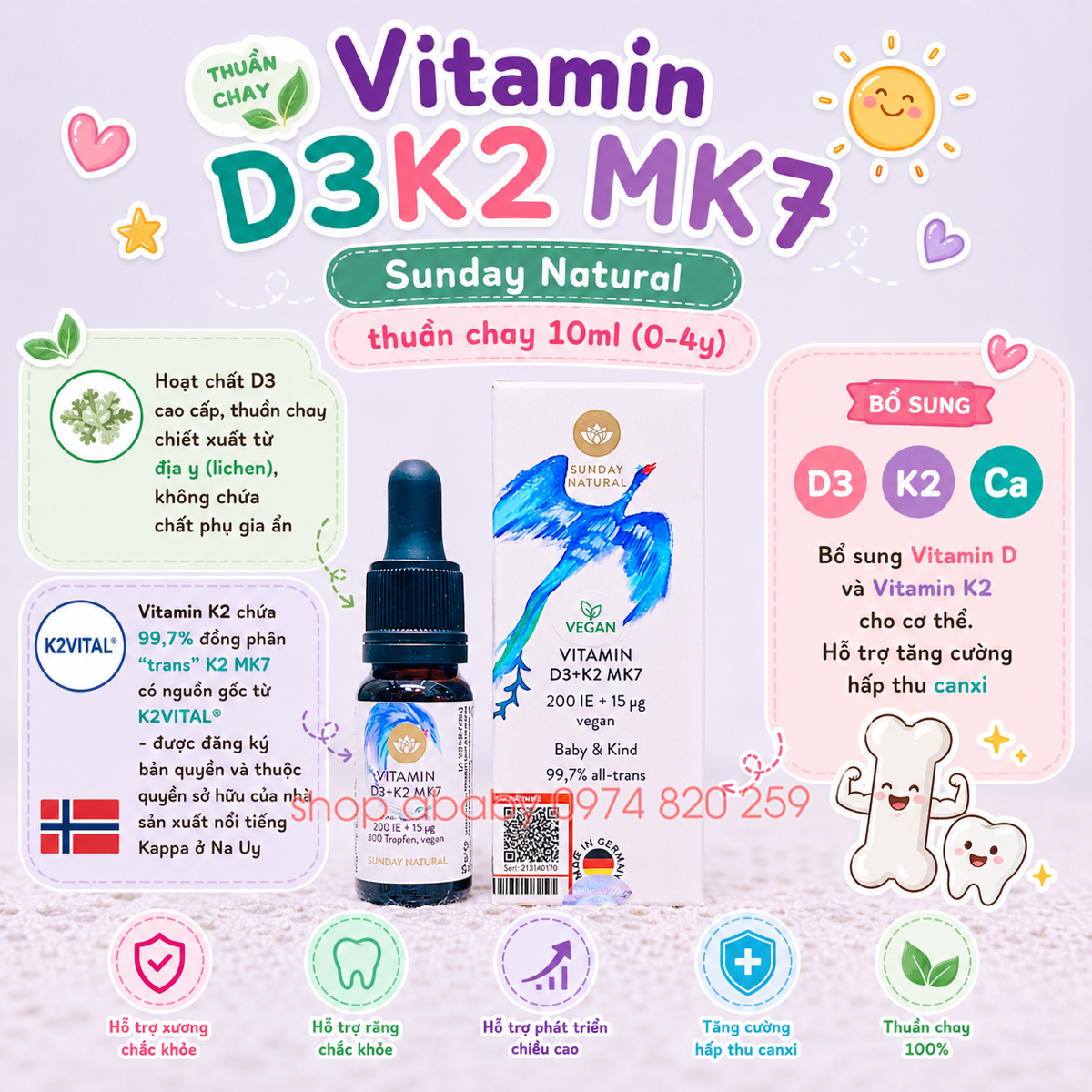 Vitamin D3K2 MK7 Sunday Natural thuần chay 10ml (0-4y)
